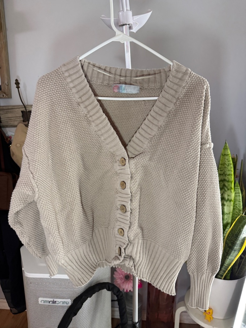 Neutral Beige Button-Front Women's Knit Cardigan